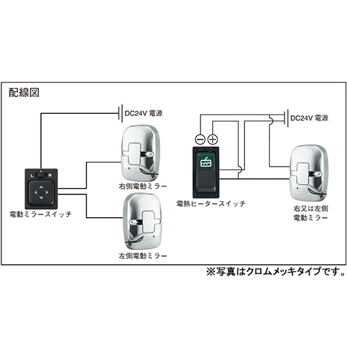 電動ミラー DC24V トラック用 電熱ヒーター付 曲面ミラー付 ブラック 
