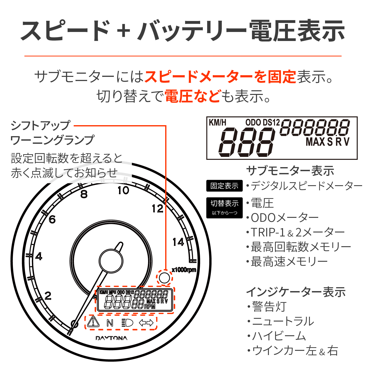 VELONA 電気式タコ&スピードメーター Φ80 15000rpm ホワイトLED - バイク
